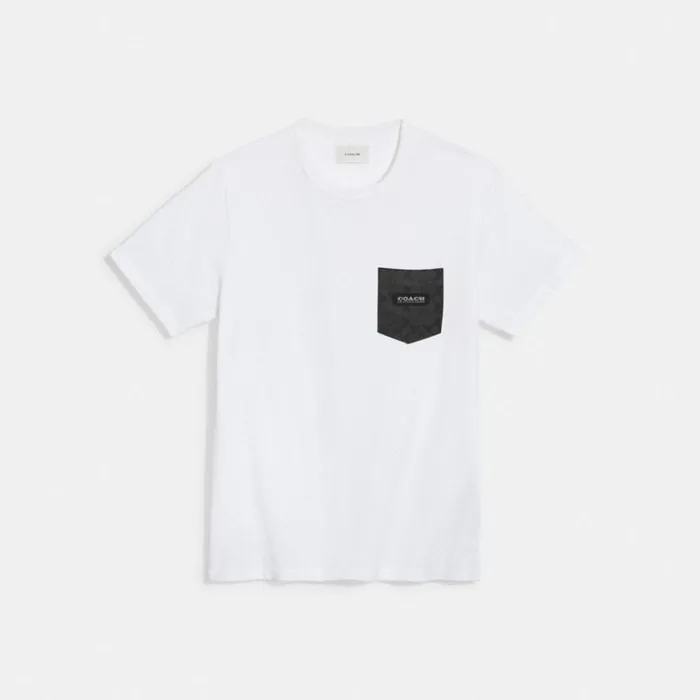 Men Essential Pocket T Shirt In Organic Cotton Whitecharcoal Signature Coach Tops and Bottoms