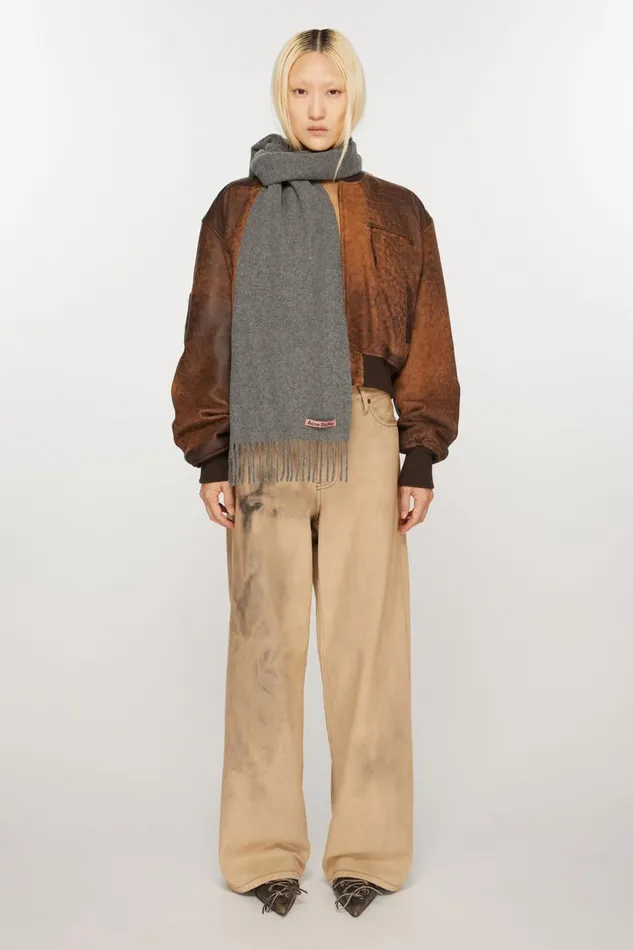 Men Fringe Wool Scarf 8211 Skinny Grey Melange Acne Studios Scarves