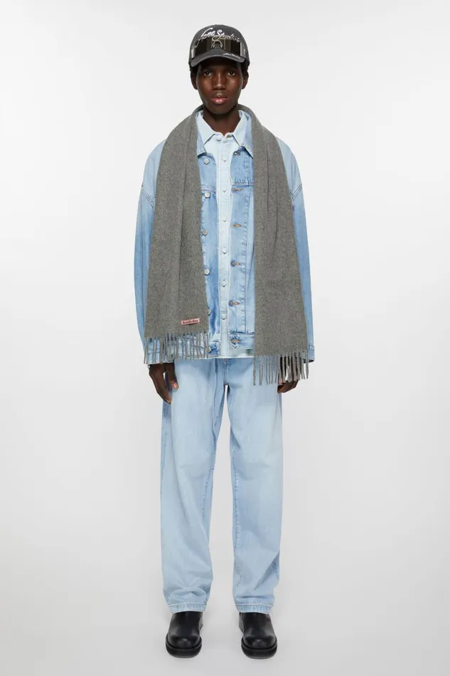 Men Fringe Wool Scarf 8211 Skinny Grey Melange Acne Studios Scarves