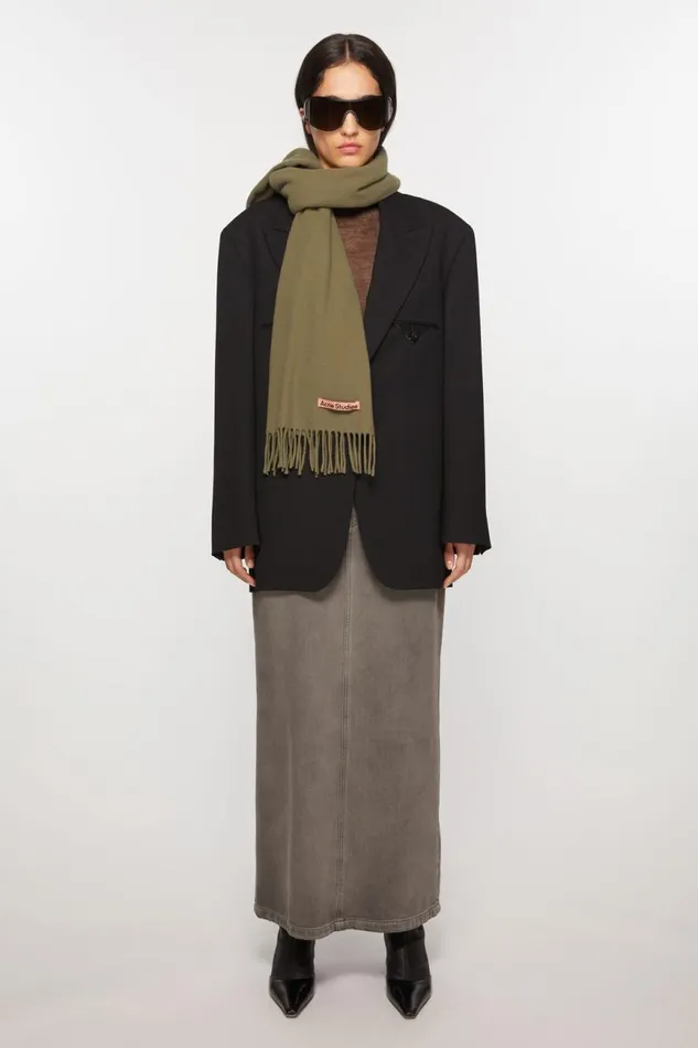 Men Fringe Wool Scarf 8211 Skinny Khaki Green Acne Studios Scarves