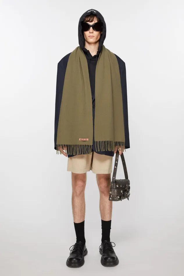 Men Fringe Wool Scarf 8211 Skinny Khaki Green Acne Studios Scarves