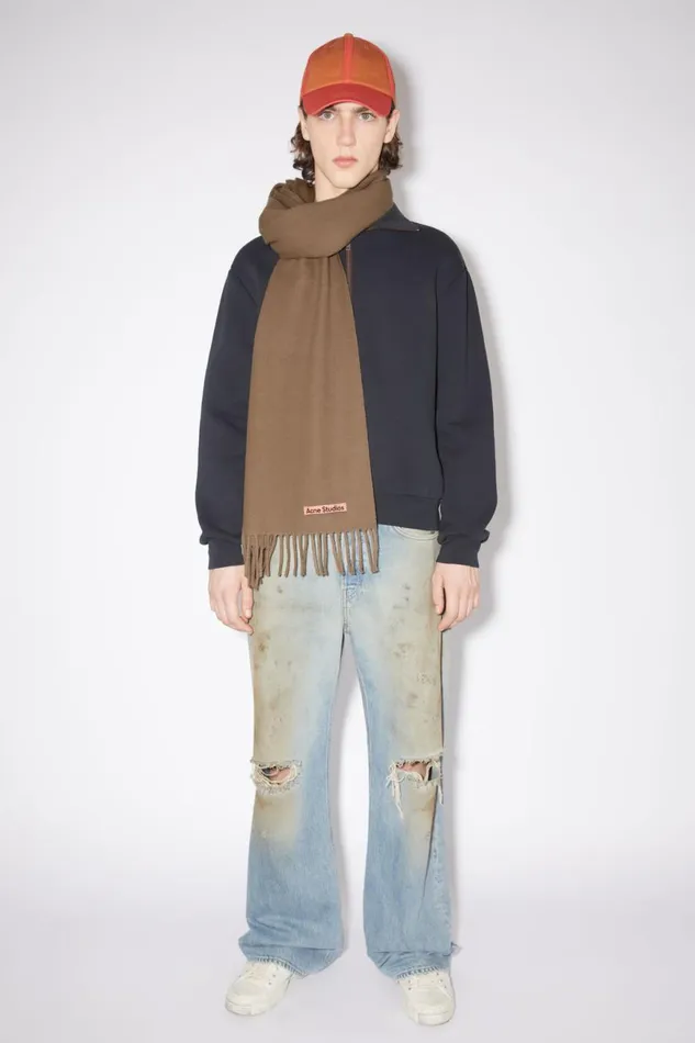 Men Fringe Wool Scarf Narrow Caramel Brown Acne Studios Scarves