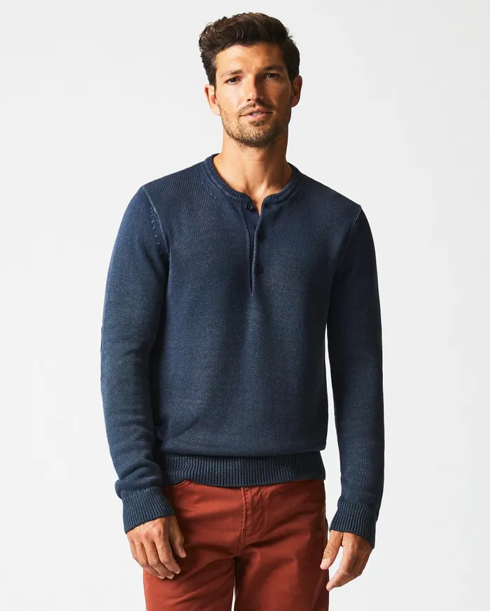 Men Garment Dyed Henley Sweater Carbon Blue Billy Reid Polos Tees and Henleys