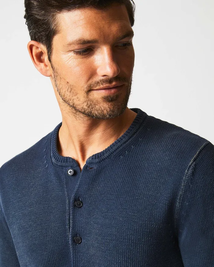 Men Garment Dyed Henley Sweater Carbon Blue Billy Reid Polos Tees and Henleys