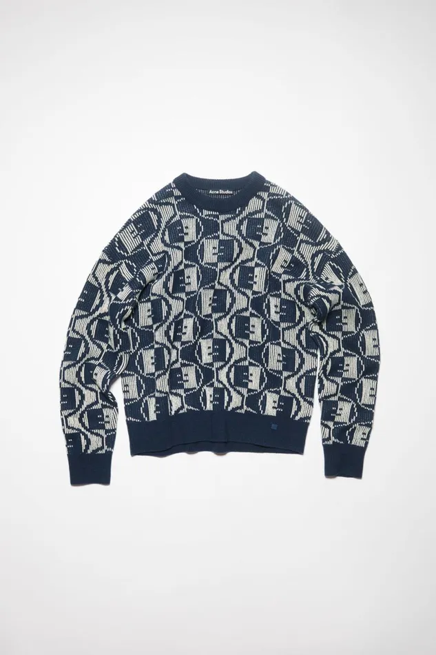 Men Jacquard Crew Neck Jumper Navyoatmeal Melange Acne Studios Knitwear