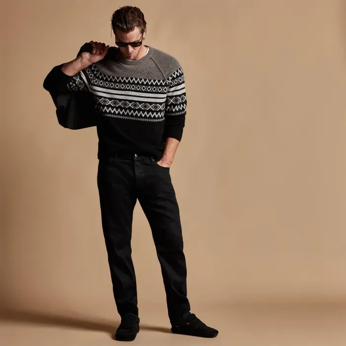 MEN James Perse ASPEN COLLECTION Fair Isle Cotton Cashmere Sweater Burrofoggyblack