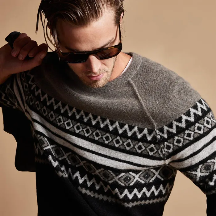 MEN James Perse ASPEN COLLECTION Fair Isle Cotton Cashmere Sweater Burrofoggyblack