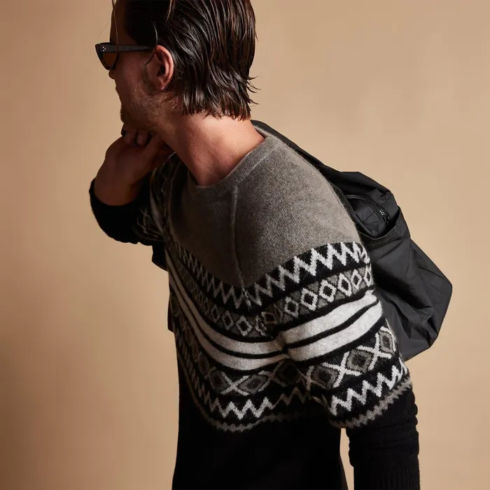 MEN James Perse ASPEN COLLECTION Fair Isle Cotton Cashmere Sweater Burrofoggyblack