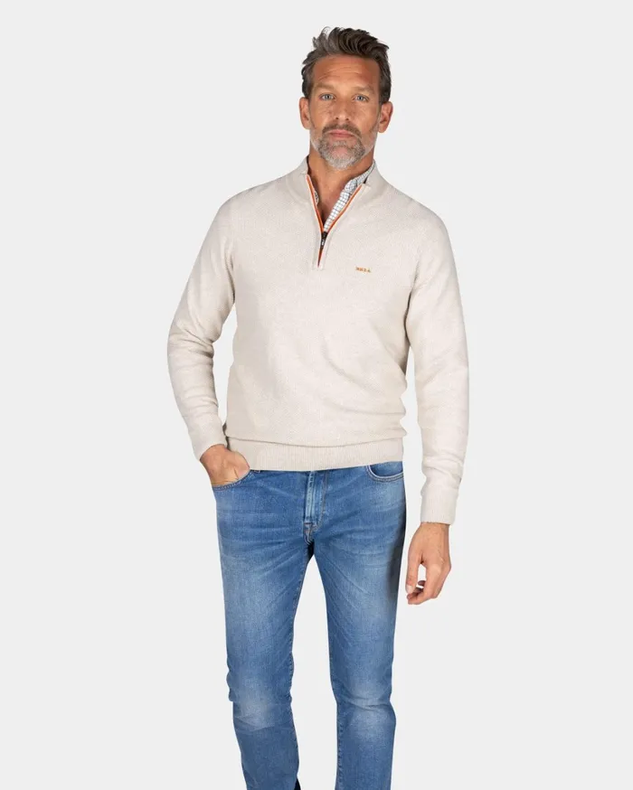 Men Knitwear NZA New Zealand Auckland Ecru Cotton HalfZip Sweater 8211 Powder Sand