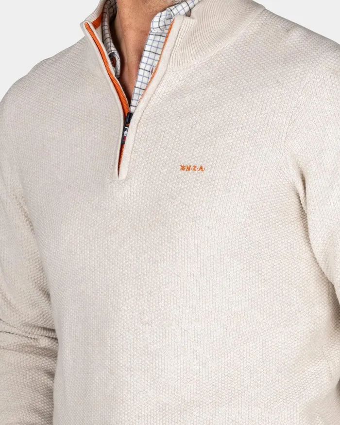 Men Knitwear NZA New Zealand Auckland Ecru Cotton HalfZip Sweater 8211 Powder Sand