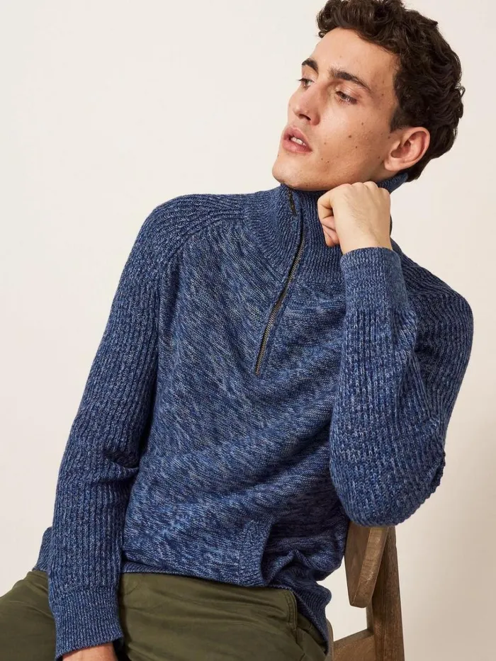 Men KNITWEAR White Stuff Lakewood Zip Neck Jumper Chambray Blue