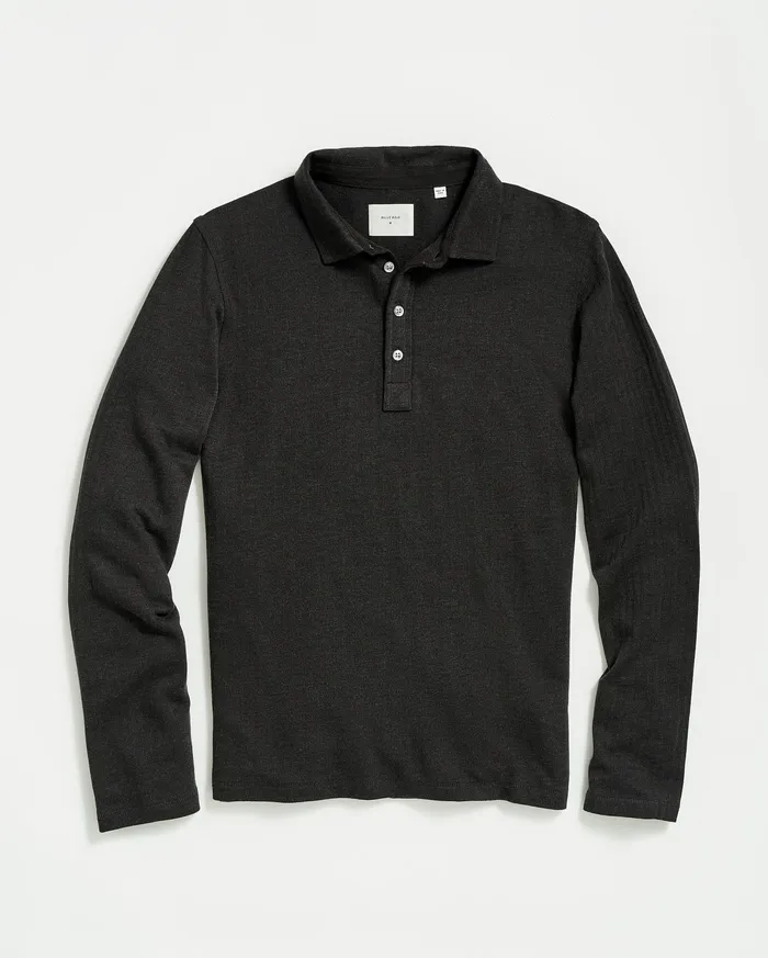 Men LS Herringbone Polo Jet Black Billy Reid Polos Tees and Henleys