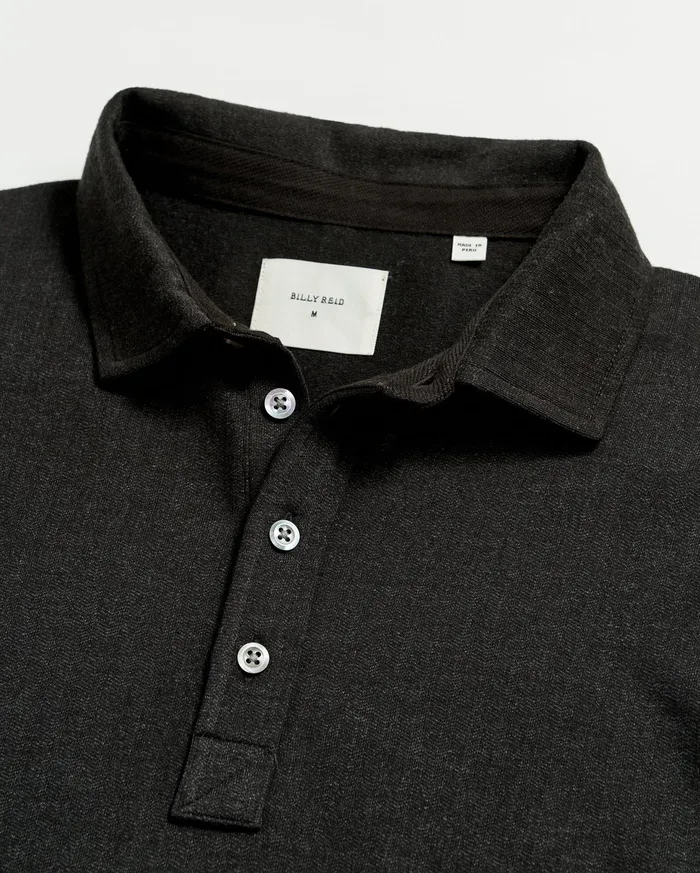 Men LS Herringbone Polo Jet Black Billy Reid Polos Tees and Henleys