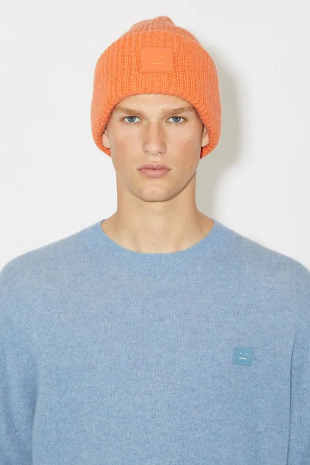 Men Large Face Logo Beanie Mandarin Orange Melange Acne Studios Hats
