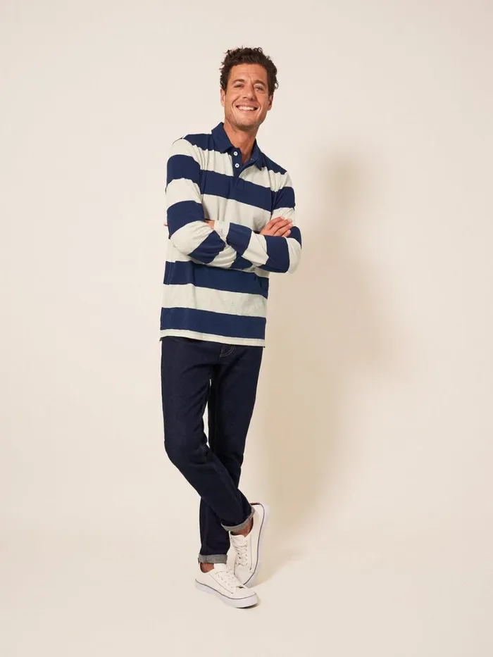 Men POLO SHIRTS White Stuff Block Stripe LS Polo Ivory Multi