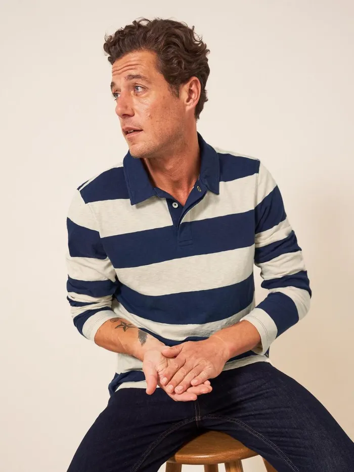 Men POLO SHIRTS White Stuff Block Stripe LS Polo Ivory Multi Men POLO SHIRTS White Stuff Block Stripe LS Polo Ivory Multi