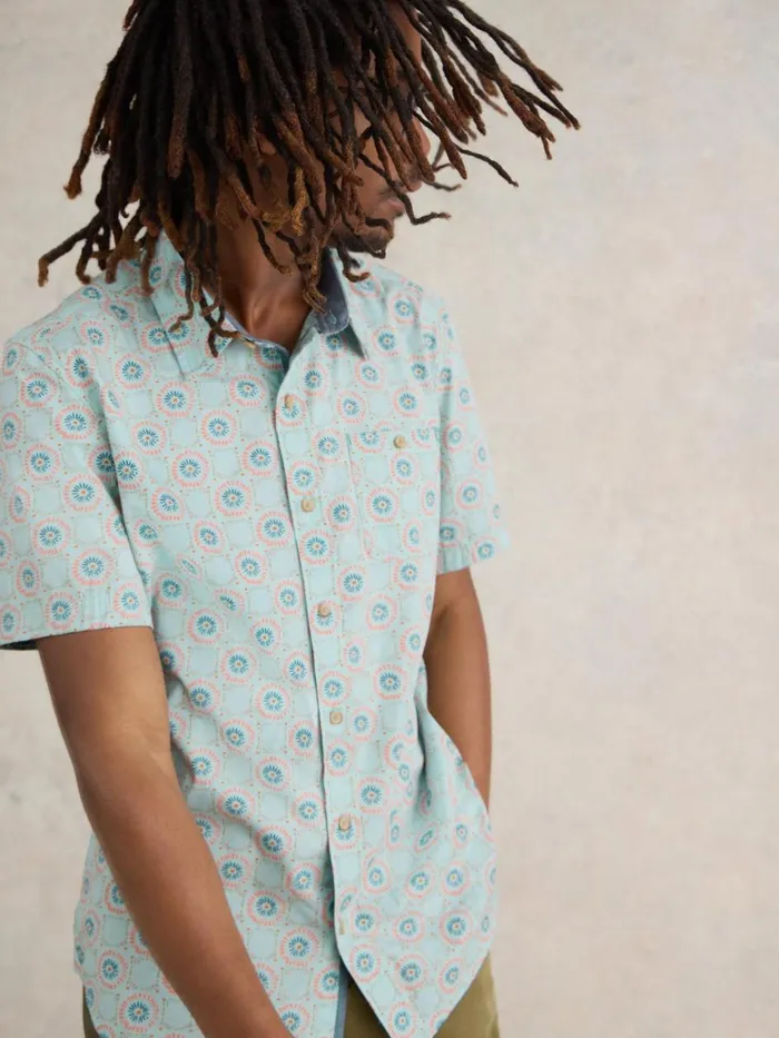 Men SHIRTS White Stuff Daisy Tile Printed SS Shirt Blue Print Men SHIRTS White Stuff Daisy Tile Printed SS Shirt Blue Print