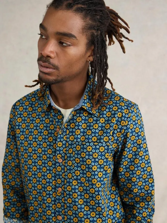 Men SHIRTS White Stuff Round Flower Print LS Shirt Navy Print