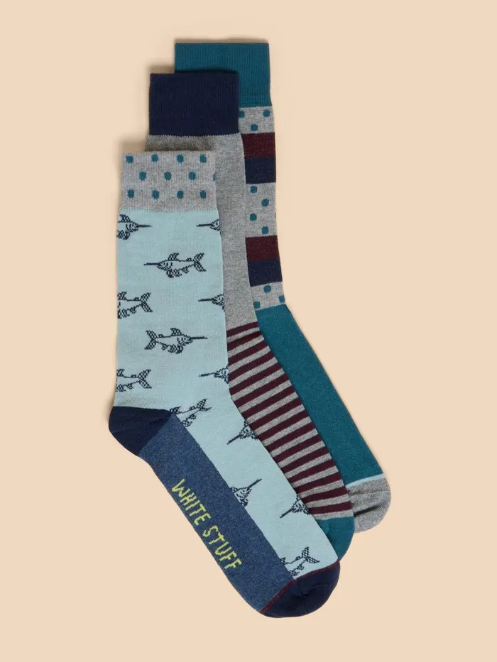 Men SOCKS White Stuff 3 Pack Fish Ankle Sock Blue Multi Men SOCKS White Stuff 3 Pack Fish Ankle Sock Blue Multi