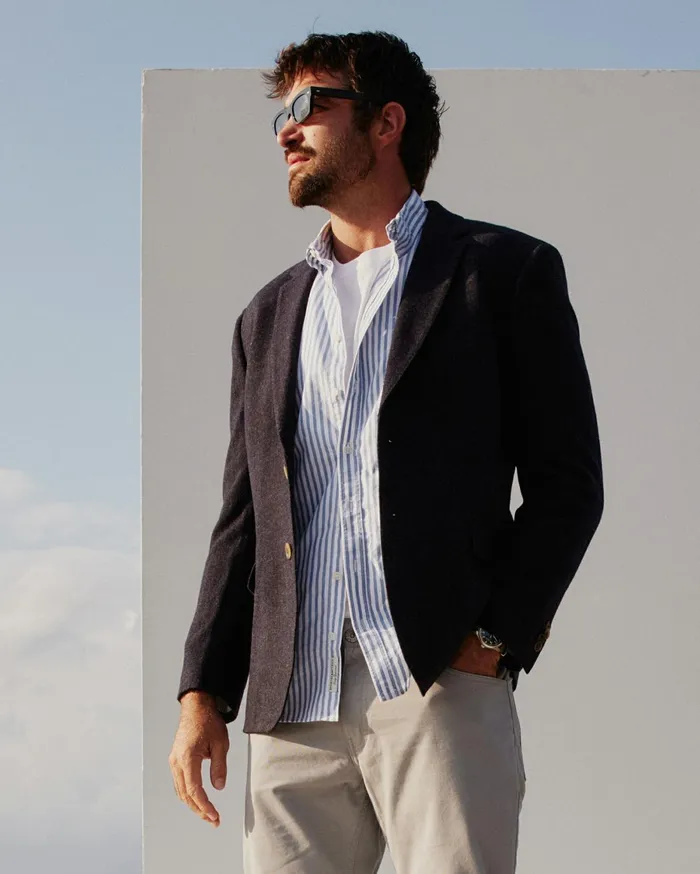 Men Sportscraft Jackets and Blazers Herringbone Wool Blazer Navy Melange