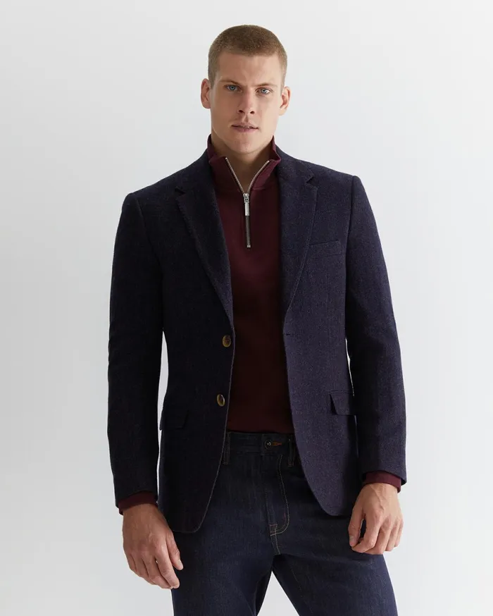 Men Sportscraft Jackets and Blazers Herringbone Wool Blazer Navy Melange