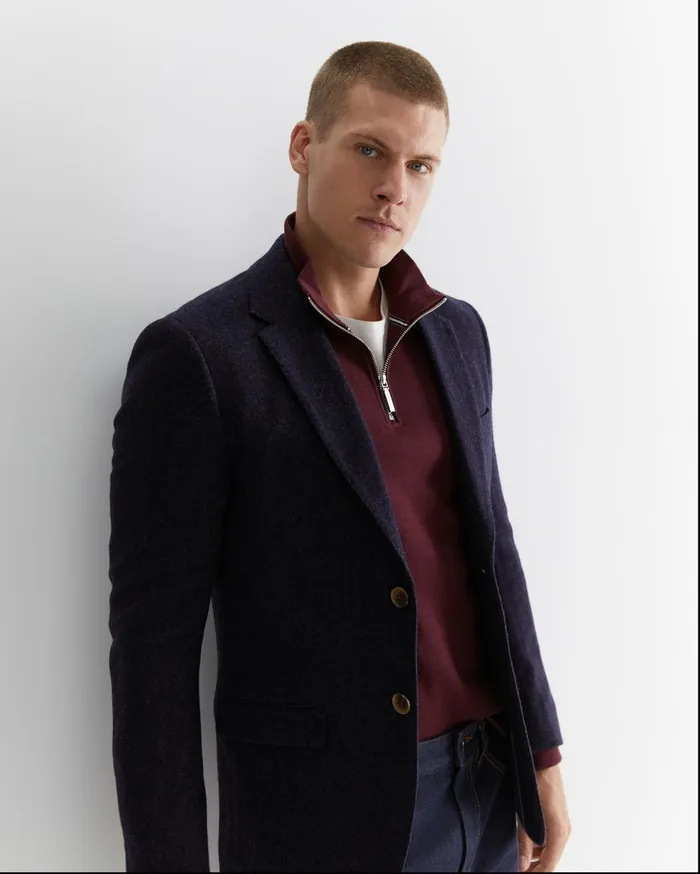 Men Sportscraft Jackets and Blazers Herringbone Wool Blazer Navy Melange