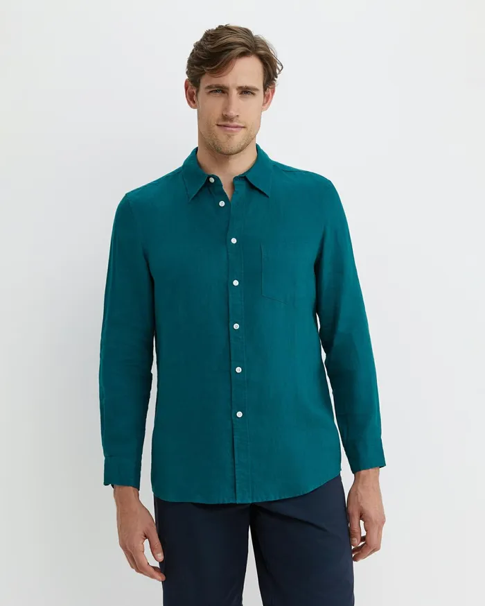 Men Sportscraft Shirts Long Sleeve Linen Shirt Dark Teal
