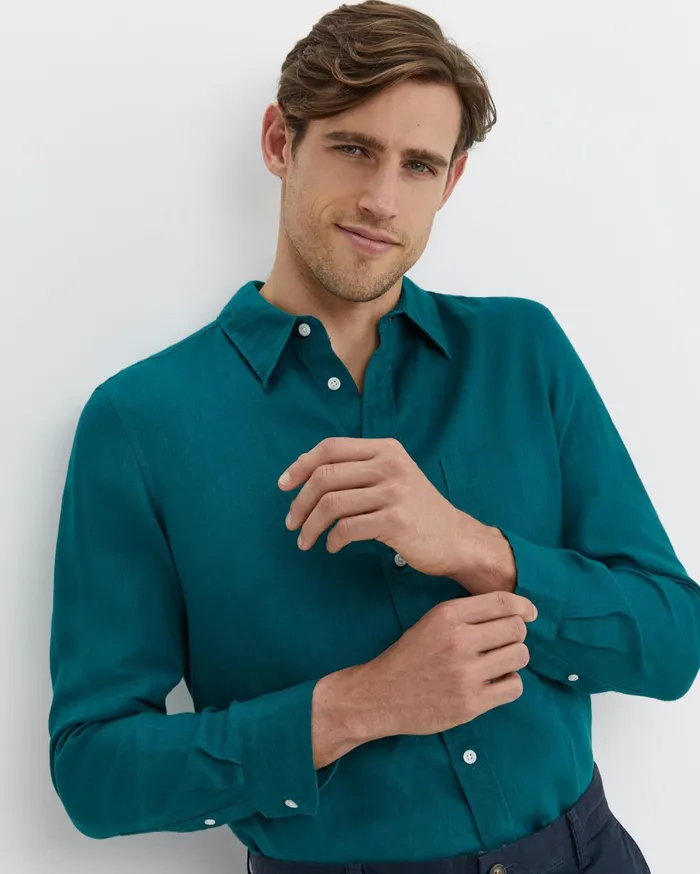 Men Sportscraft Shirts Long Sleeve Linen Shirt Dark Teal