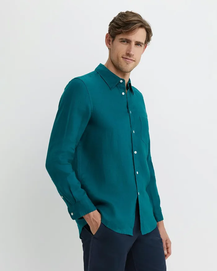 Men Sportscraft Shirts Long Sleeve Linen Shirt Dark Teal