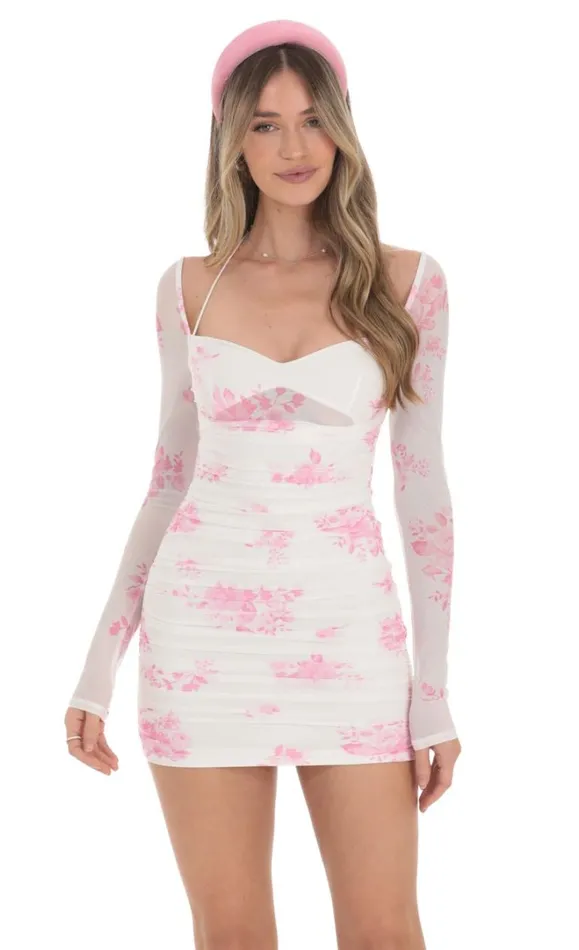 Mesh Pink Floral Ruched Dress White Women LUCY IN THE SKY Mini Dresses Mesh Pink Floral Ruched Dress White Women LUCY IN THE SKY Mini Dresses