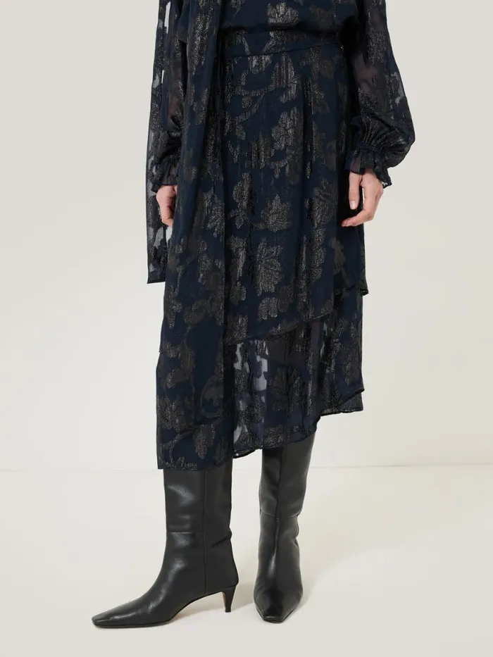 Metallic Jacquard Midi Skirt Navy Women Jigsaw Skirts