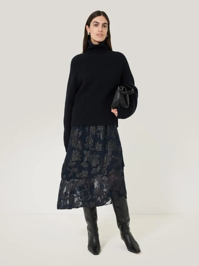 Metallic Jacquard Midi Skirt Navy Women Jigsaw Skirts