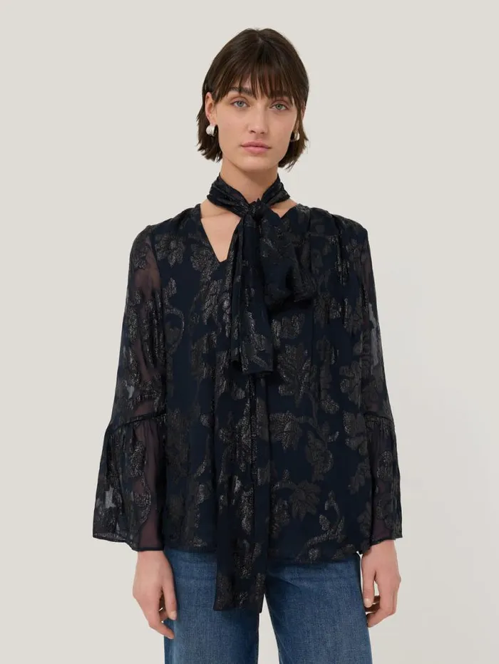Metallic Jacquard Top Navy Women Jigsaw Coords