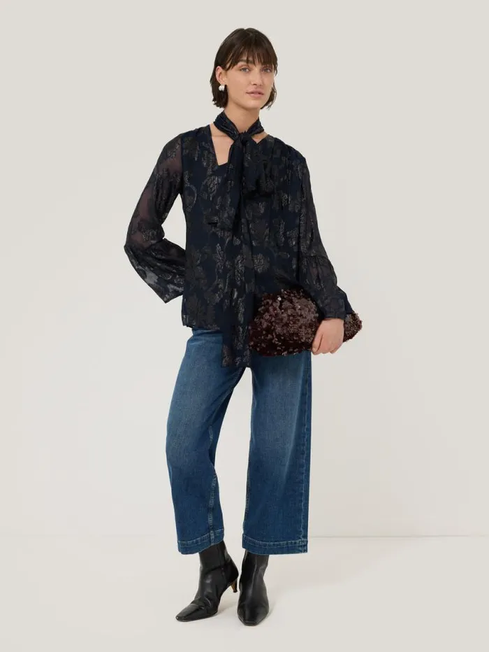 Metallic Jacquard Top Navy Women Jigsaw Coords