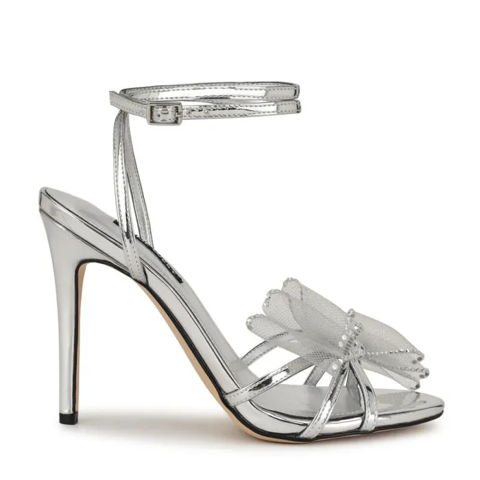 Minky Bow Heeled Sandals Silver Women Nine West Heels