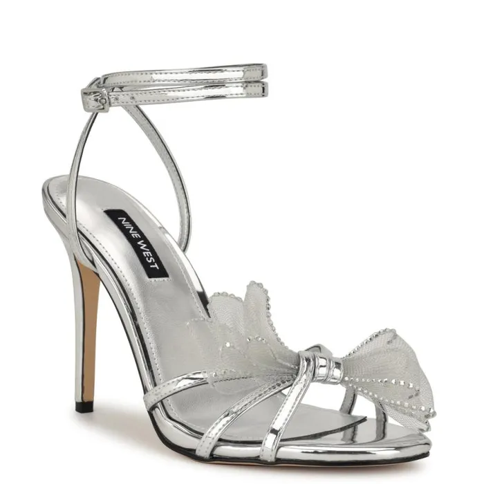 Minky Bow Heeled Sandals Silver Women Nine West Heels Minky Bow Heeled Sandals Silver Women Nine West Heels