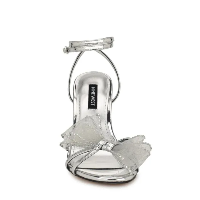 Minky Bow Heeled Sandals Silver Women Nine West Heels Minky Bow Heeled Sandals Silver Women Nine West Heels