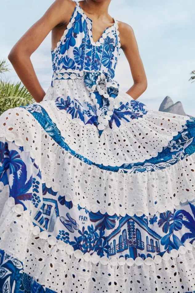 Mixed White And Blue Prints Maxi Dress Women FARM Rio Maxi Dresses