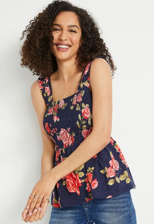 Navy Floral Smocked Babydoll Tank Top Women Maurices Tops
