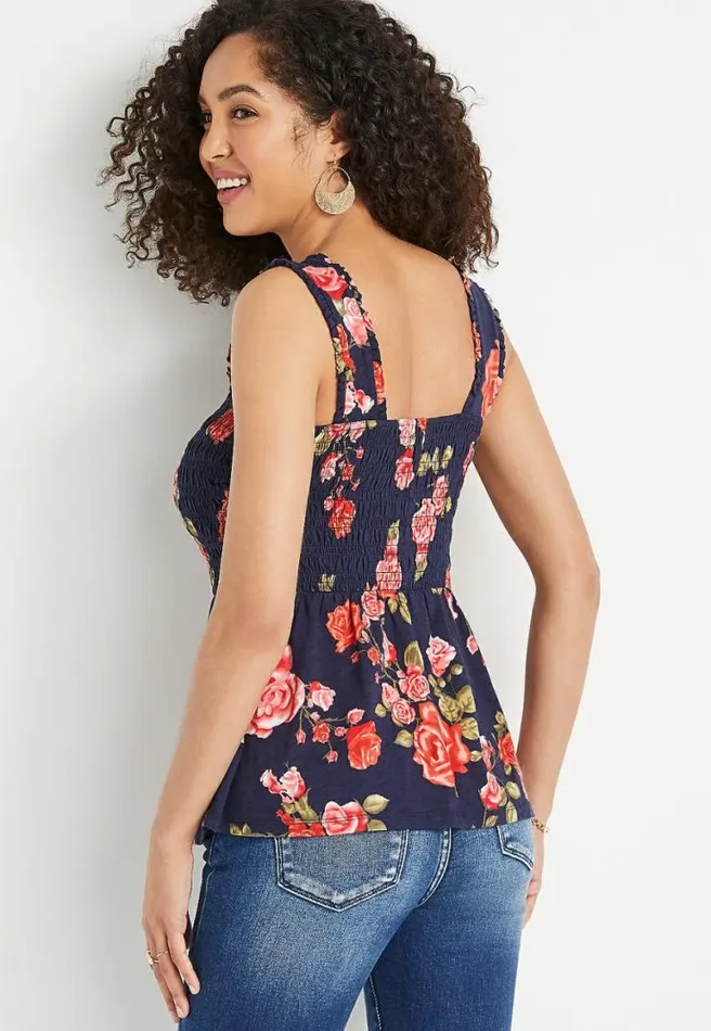 Navy Floral Smocked Babydoll Tank Top Women Maurices Tops