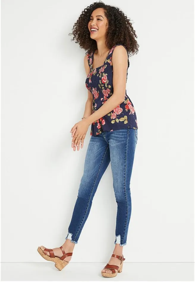 Navy Floral Smocked Babydoll Tank Top Women Maurices Tops