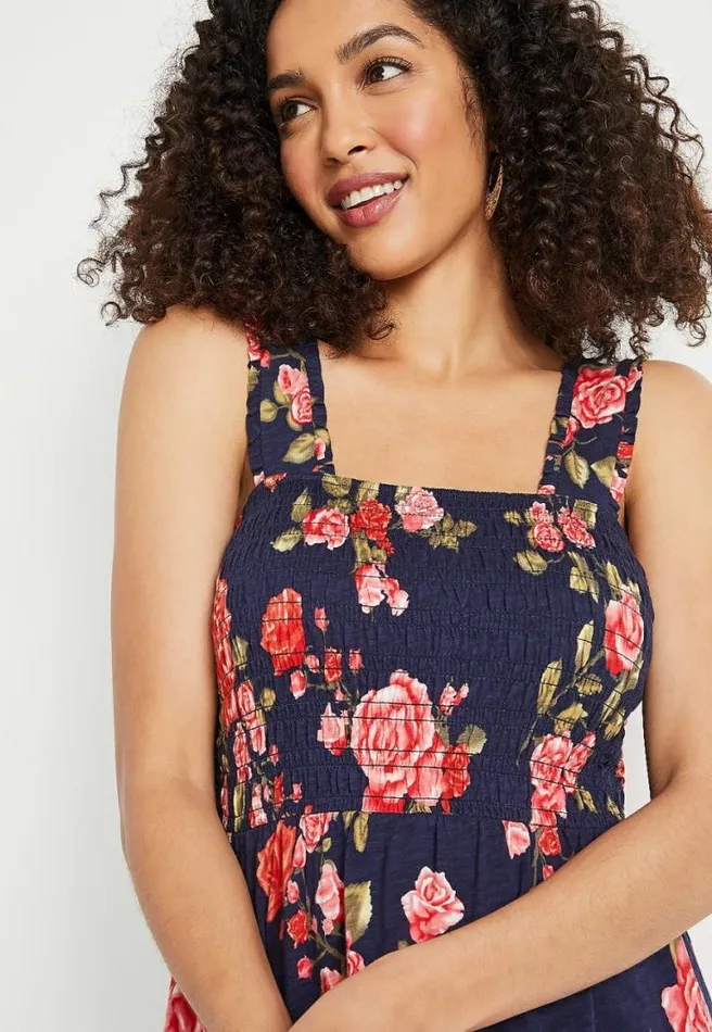 Navy Floral Smocked Babydoll Tank Top Women Maurices Tops