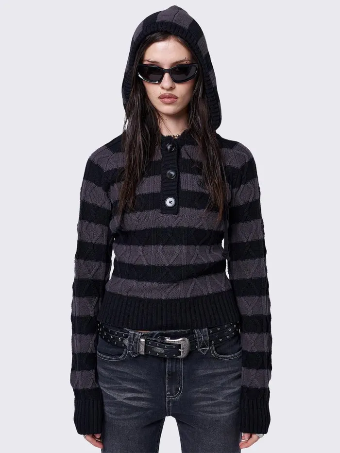 Noir Striped Knitted Hoodie Women Minga London Knitwear