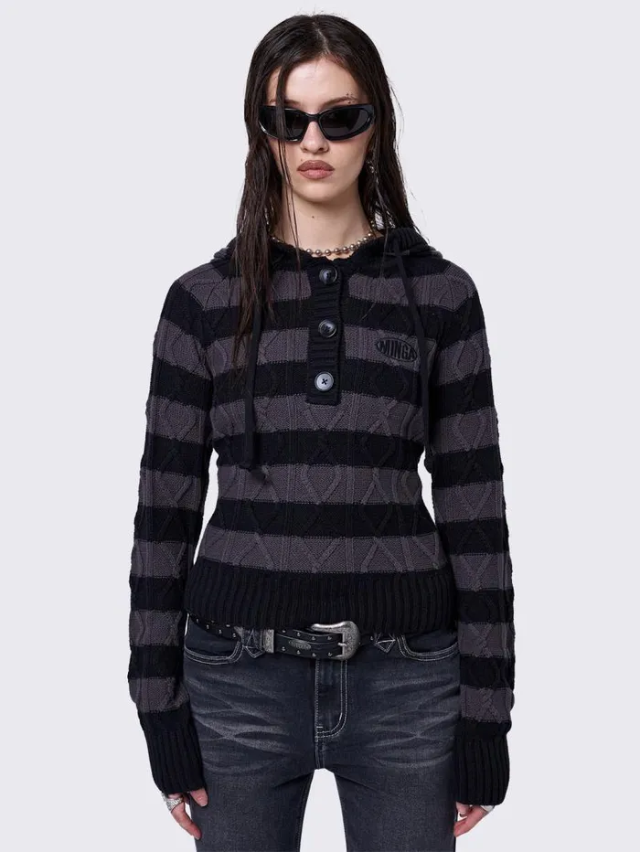 Noir Striped Knitted Hoodie Women Minga London Knitwear