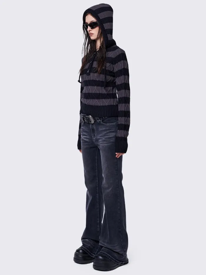 Noir Striped Knitted Hoodie Women Minga London Knitwear