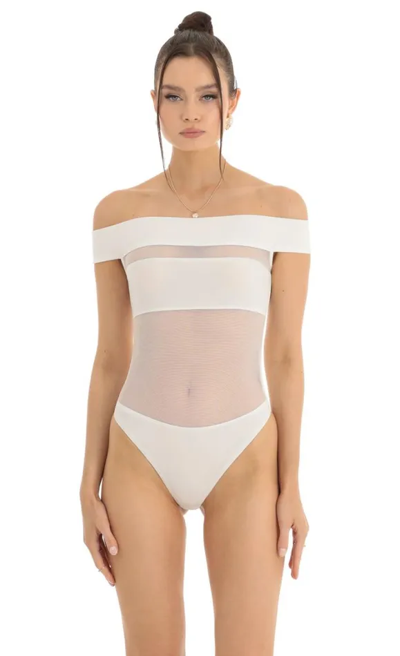Off Shoulder Mesh Cut Out Bodysuit White Women LUCY IN THE SKY Bodysuits