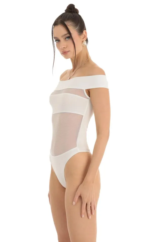 Off Shoulder Mesh Cut Out Bodysuit White Women LUCY IN THE SKY Bodysuits Off Shoulder Mesh Cut Out Bodysuit White Women LUCY IN THE SKY Bodysuits