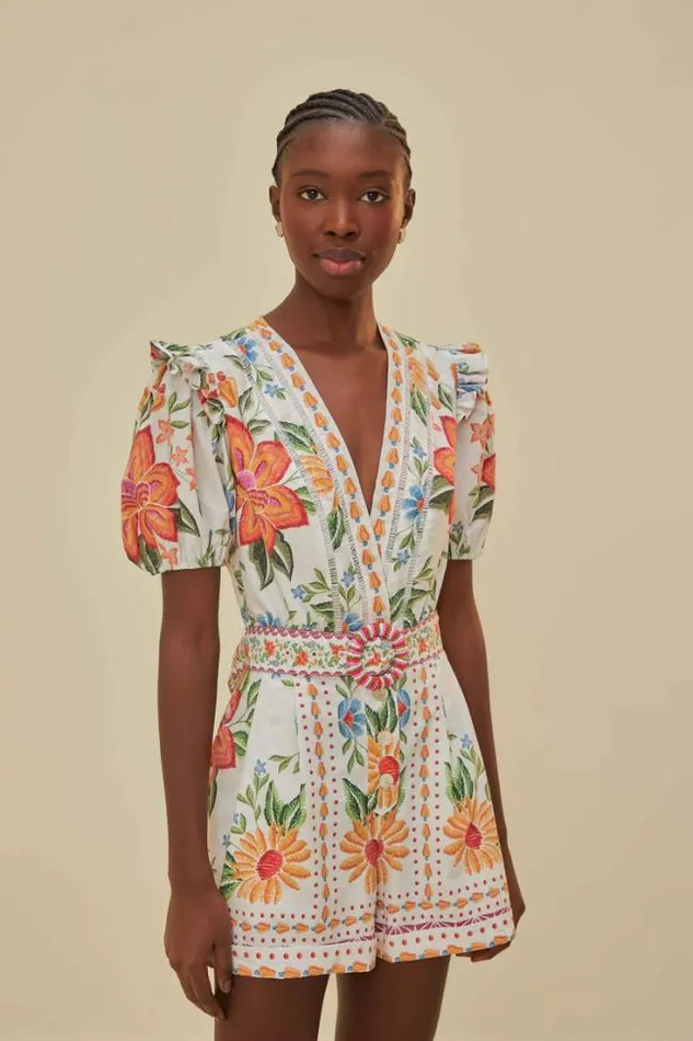 OffWhite Bloom Garden Lenzing Ecovero Euroflax Romper Women FARM Rio Rompers