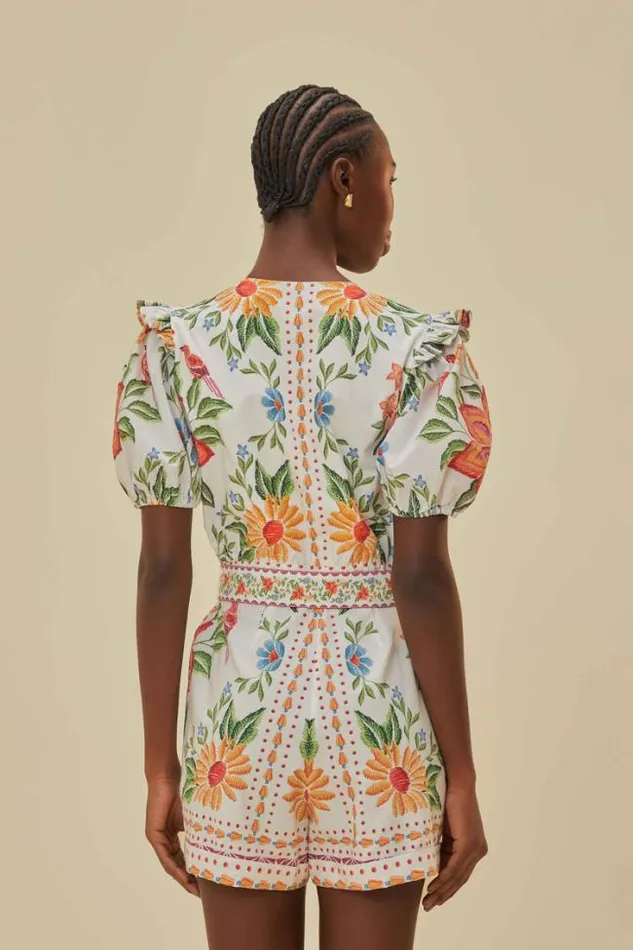 OffWhite Bloom Garden Lenzing Ecovero Euroflax Romper Women FARM Rio Rompers