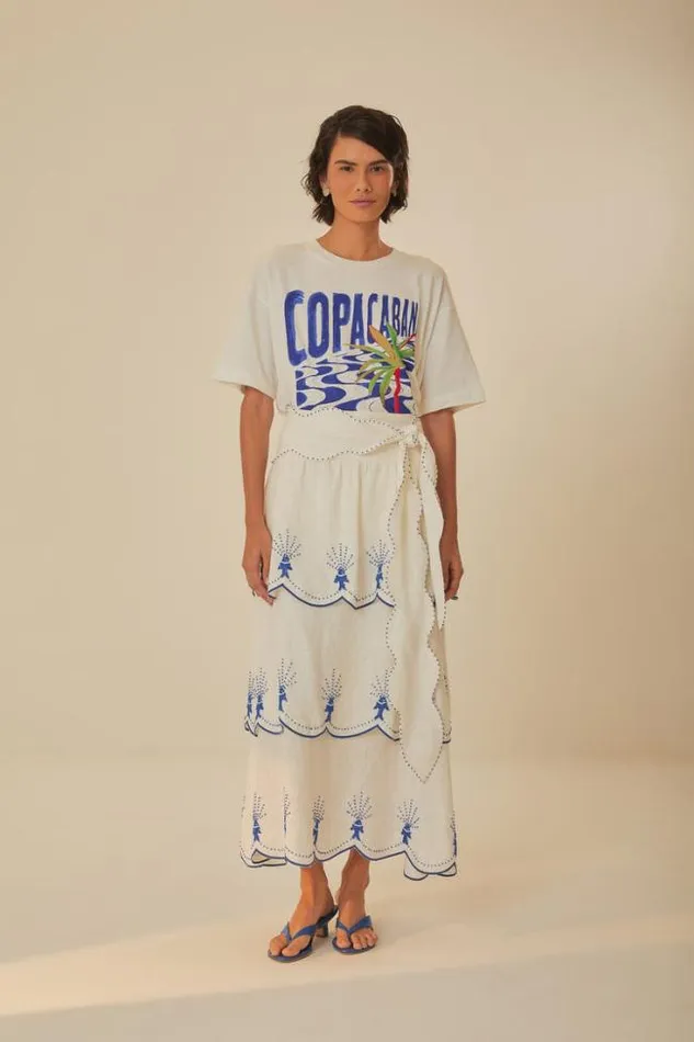 OffWhite Sea Of Fish Embroidered Midi Skirt Women FARM Rio Skirts
